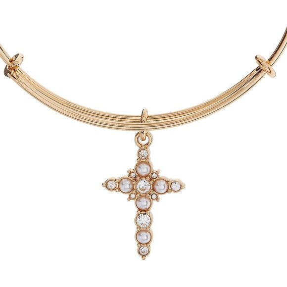 Divine Guides Cross Jewelry Women's Gold Brass Charm Bracelet with Pearls, Adjus - Picture 2 of 4
